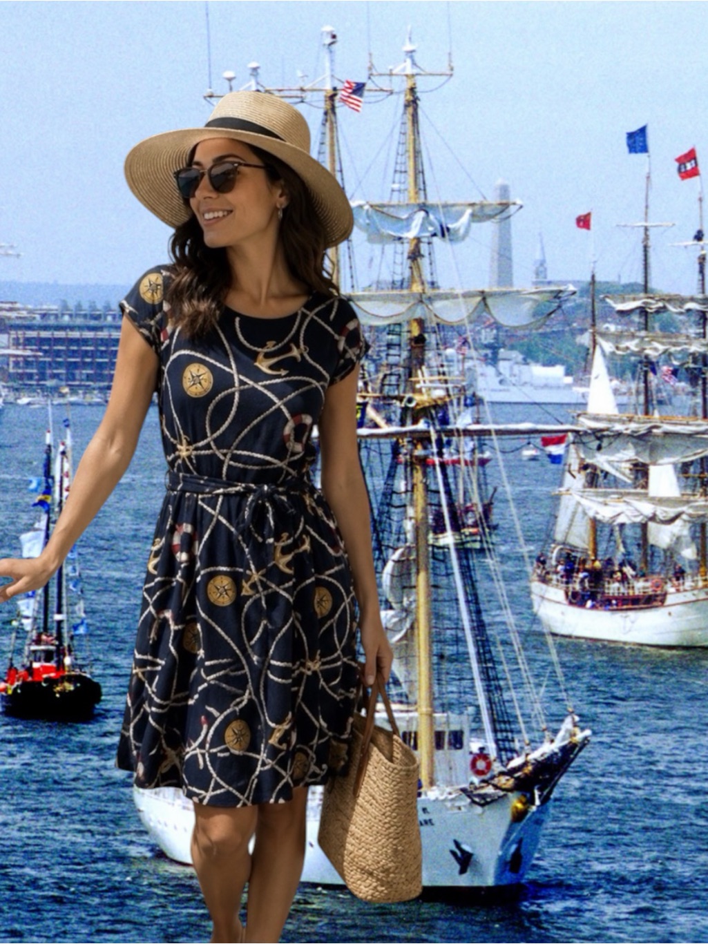 Lauren Ralph Lauren Navy Rope & Anchor Print Fit-And-Flare Dress